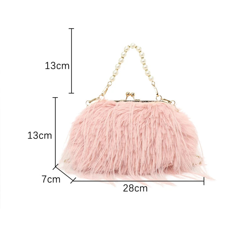 Pink feathered handbag with dimensions marked on a white background