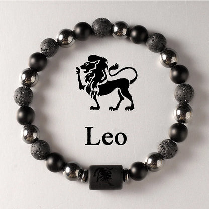 Black beaded bracelet with a Leo symbol on a white background