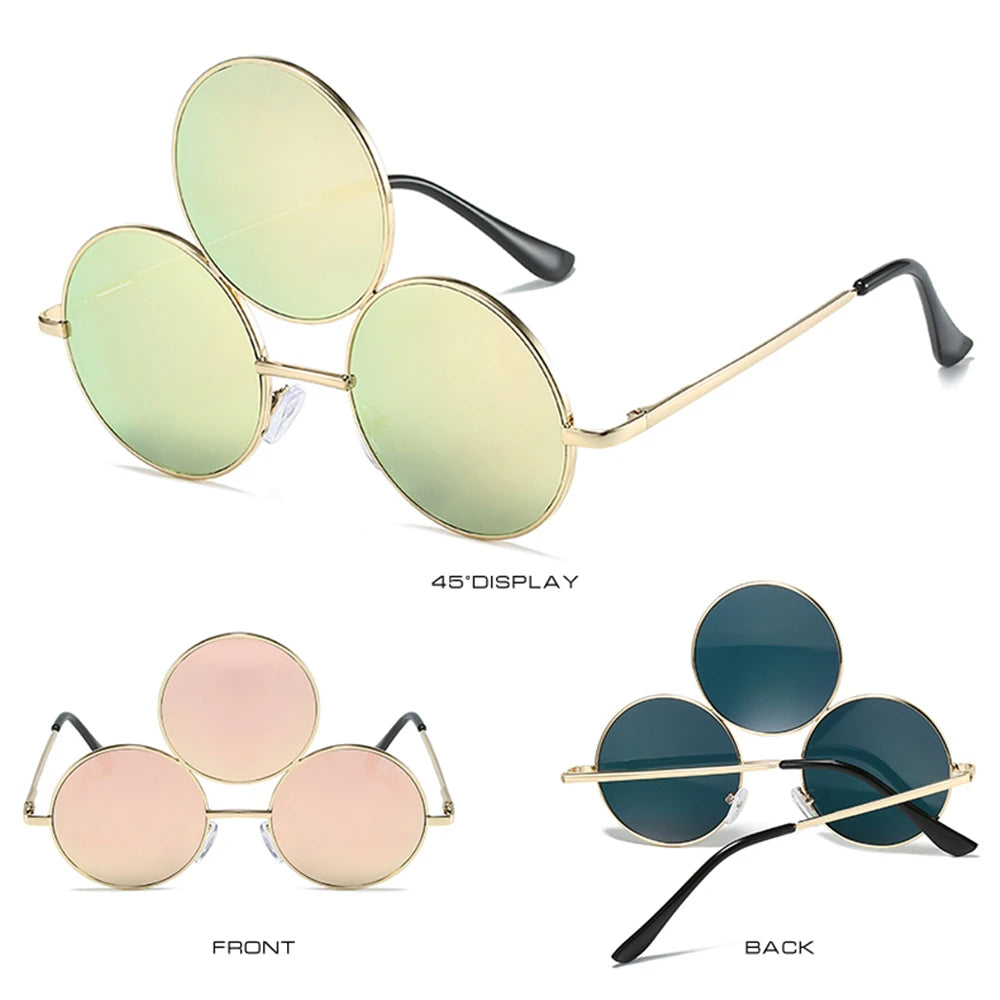 Round sunglasses with gold frames and colored lenses on a white background
