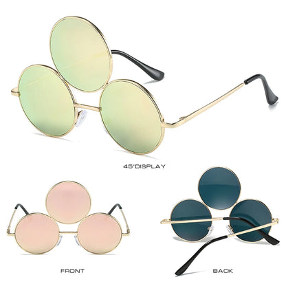 Round sunglasses with gold frames and colored lenses on a white background
