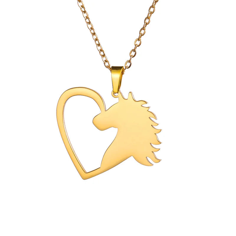 Gold horse head pendant necklace on a white background with measurements.