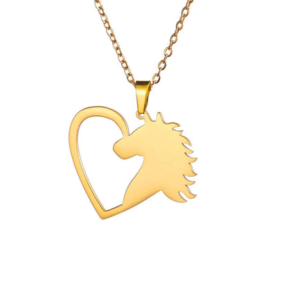 Gold horse head pendant necklace on a white background with measurements.
