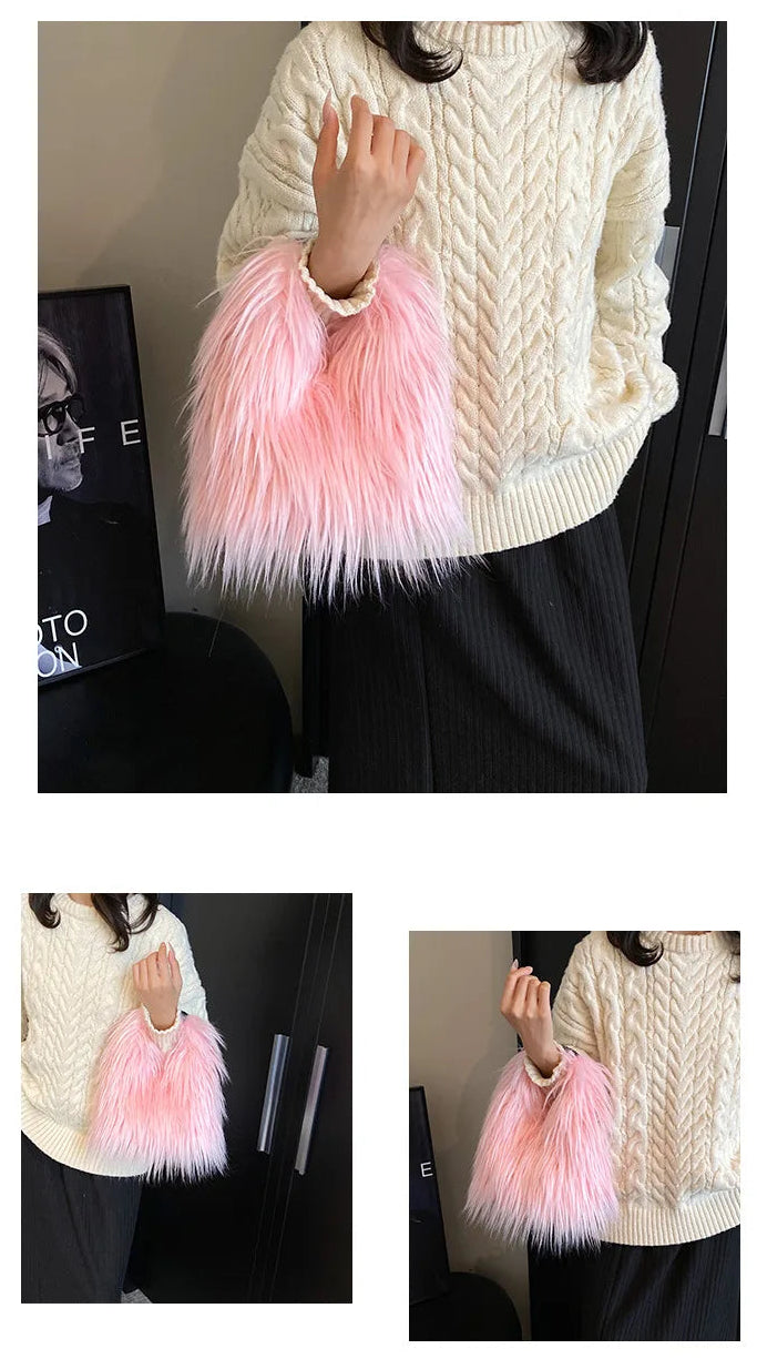 Person wearing a white cable knit sweater with a fluffy pink bag.