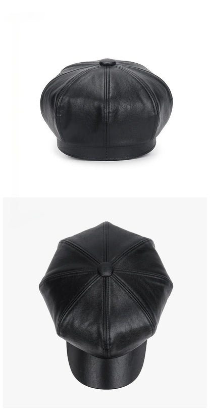 Black leather beret on a white background