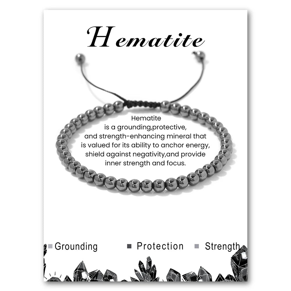 Hematite bracelet on a card with descriptive text and crystal graphics.