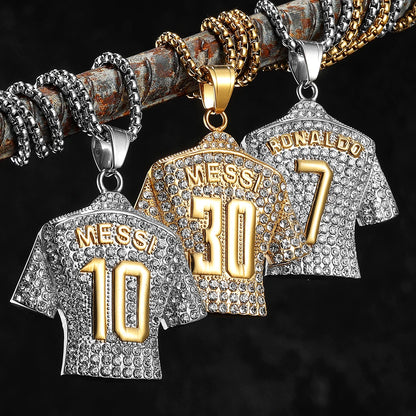 Three sports jersey pendants with numbers and names on a dark background