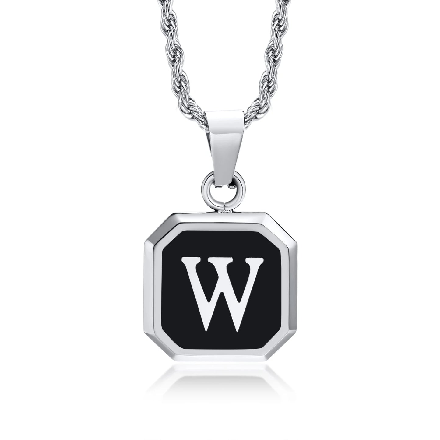Necklace with a black octagonal pendant featuring the letter 'W'.