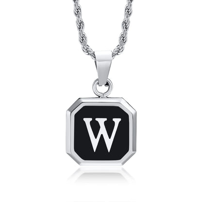 Necklace with a black octagonal pendant featuring the letter 'W'.