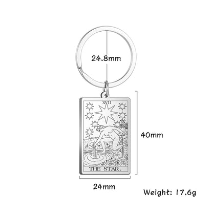 Keychain with Tarot card design and measurements on a white background