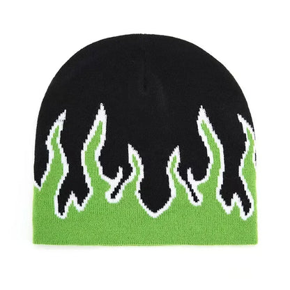 Black and green beanie with flames design on a white background