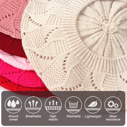 Stack of knitted hats in pink and beige with feature icons and text below.