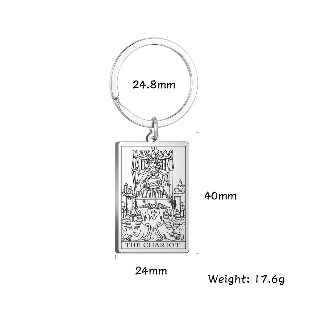Keychain with Tarot card design labeled 'The Chariot' and measurements on a white background