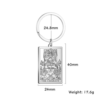 Keychain with Tarot card design labeled 'The Chariot' and measurements on a white background