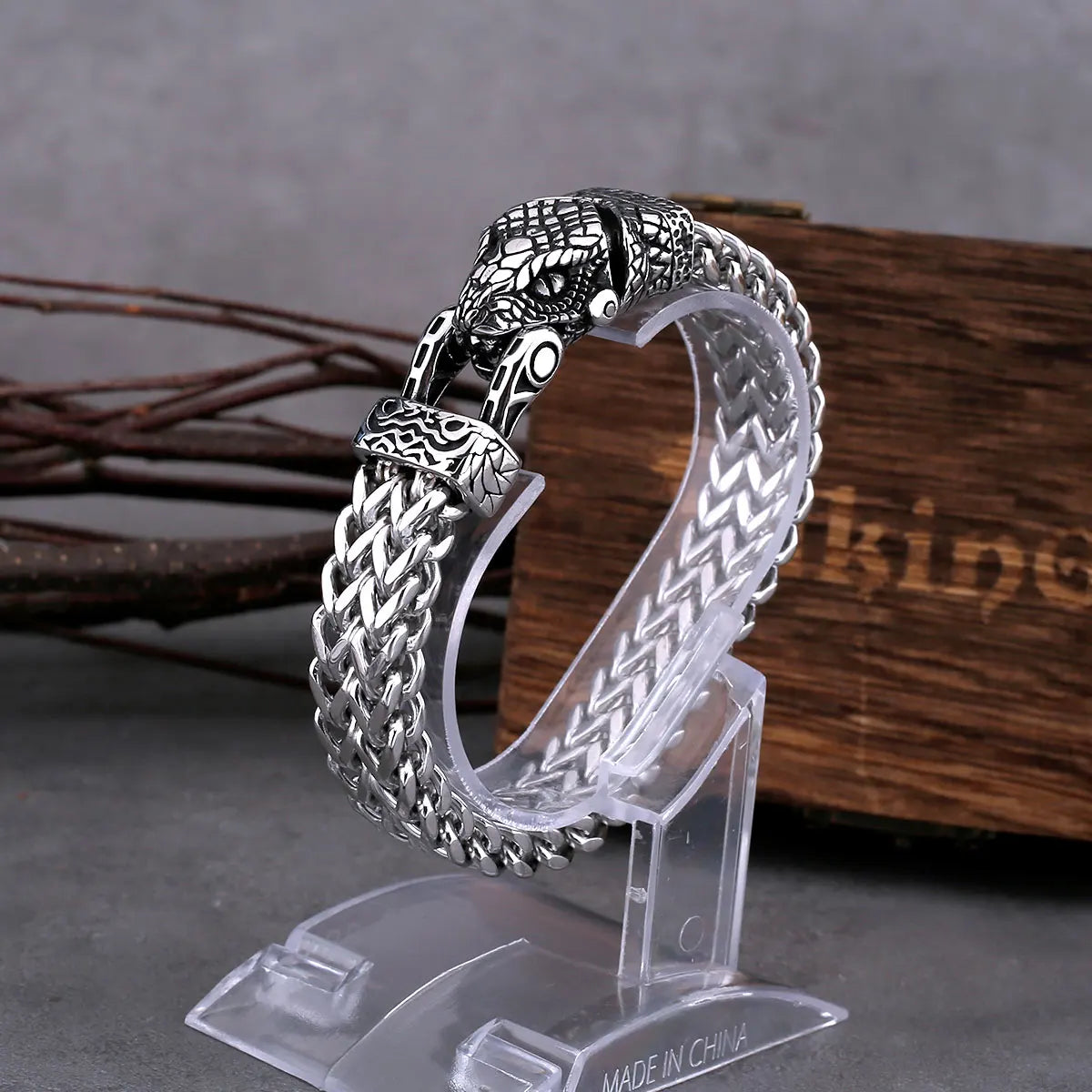 Nordic Snake Head Stainless Steel Bracelet with Wooden Gift Box
