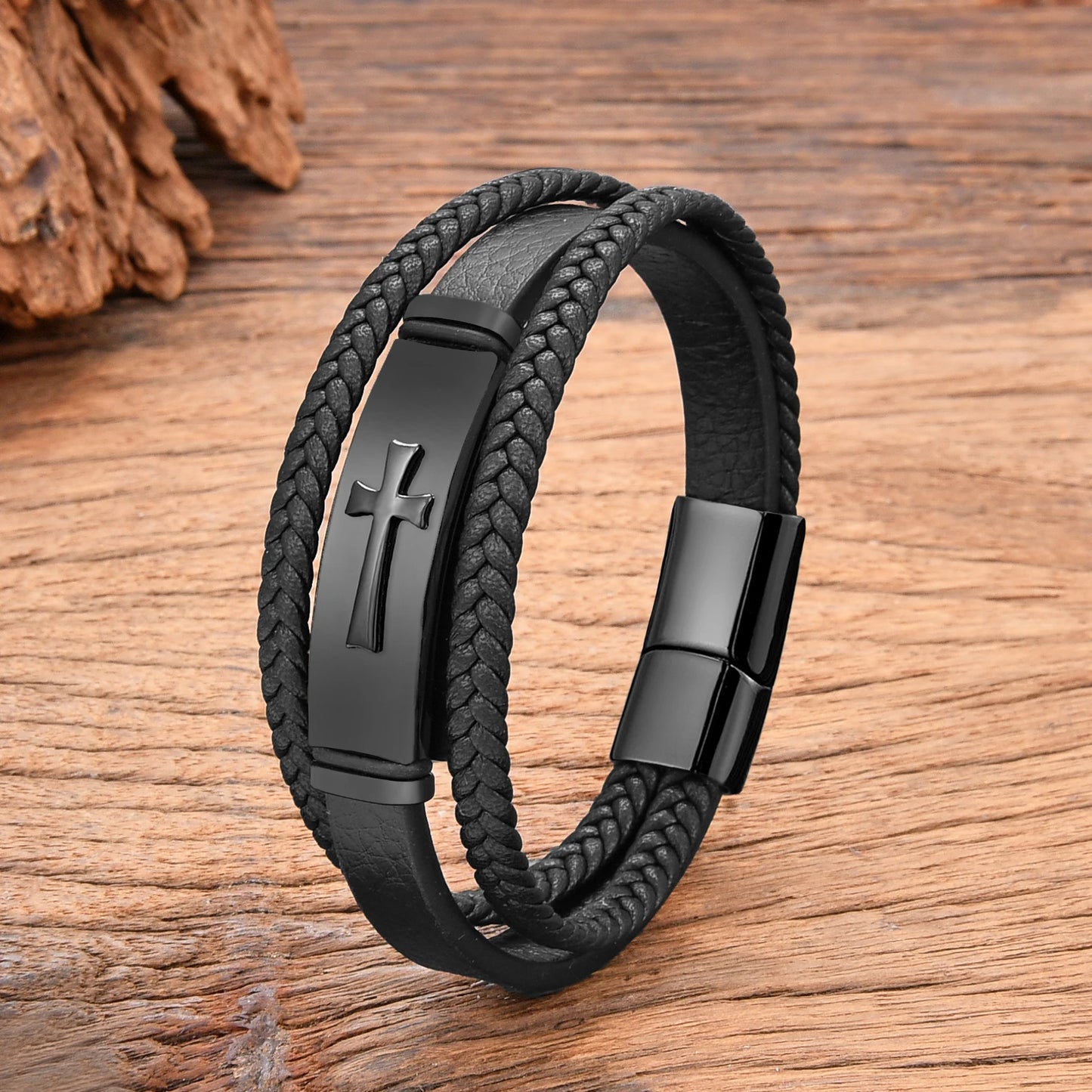 Double Braided Leather Cross Bracelet