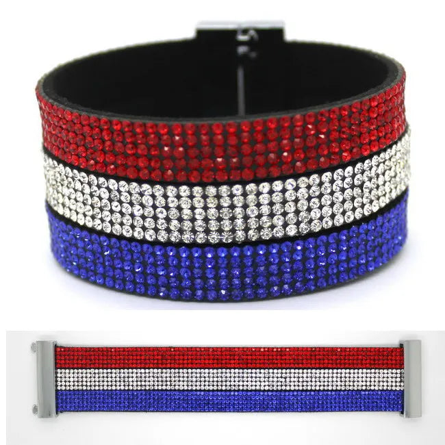Wide wristband with red, white, and blue rhinestone stripes on a white background
