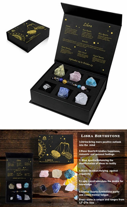 Set of crystals and a bracelet with packaging and text about Libra birthstone.