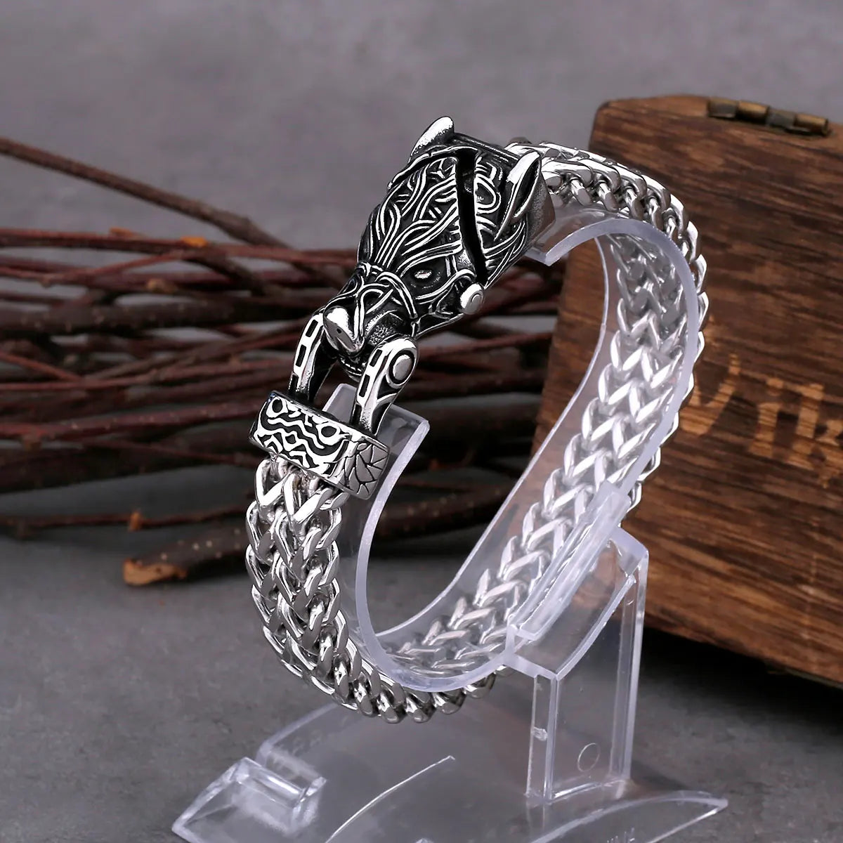 Nordic Leopard Head Stainless Steel Bracelet with Wooden Gift Box