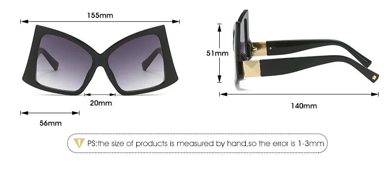 Product properties diagram for oversized cat-eye sunglasses, showing front, side, and dimension measurements.