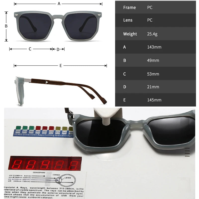 Sunglasses with measurements and UV protection details on a white background