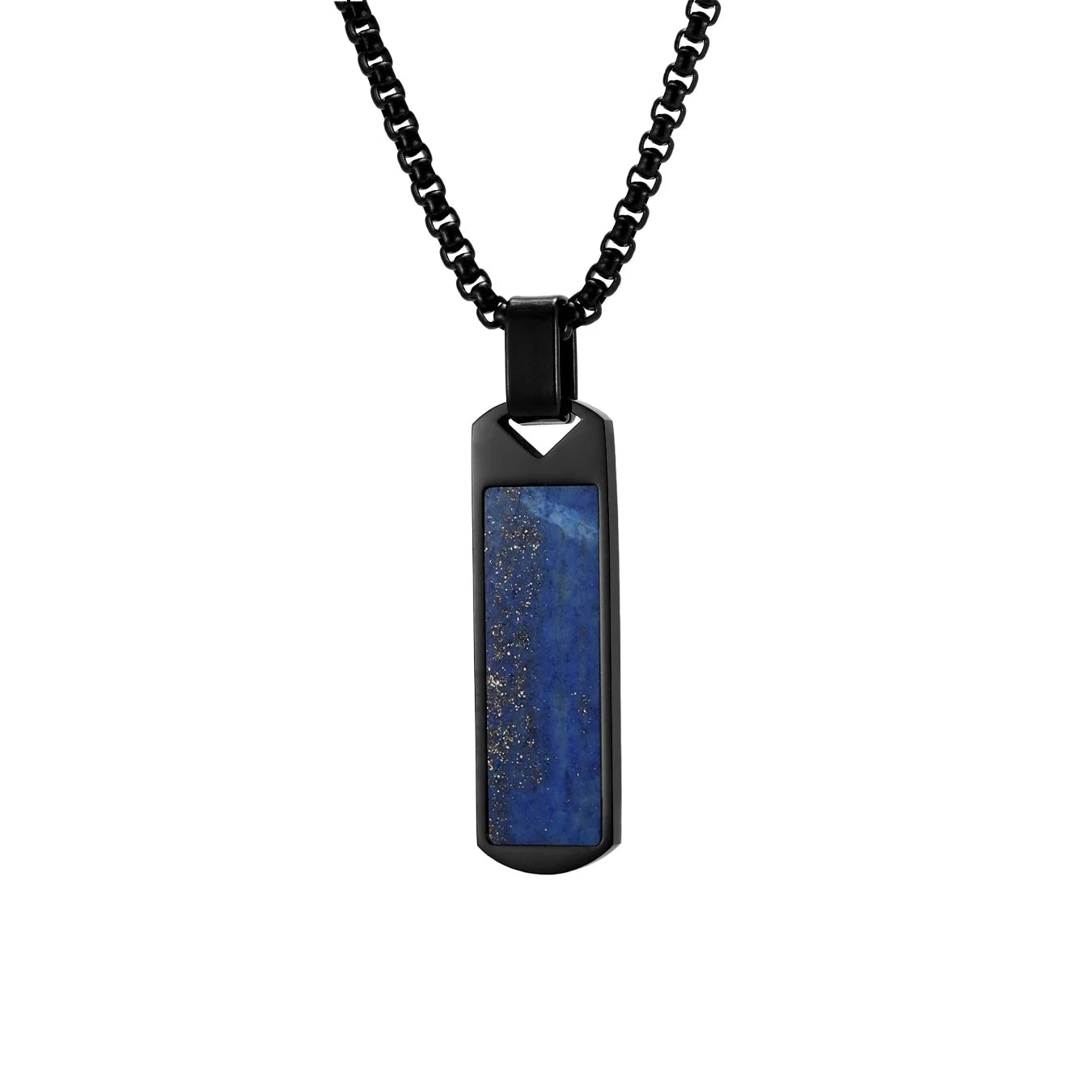 Black necklace with a blue pendant and measurements on a white background