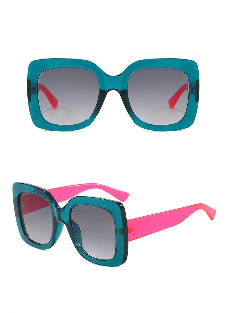 Two views of oversized square sunglasses on a white background.