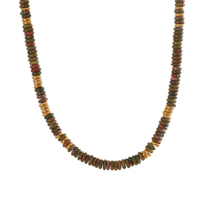 Necklace with multicoloured beads on a white background