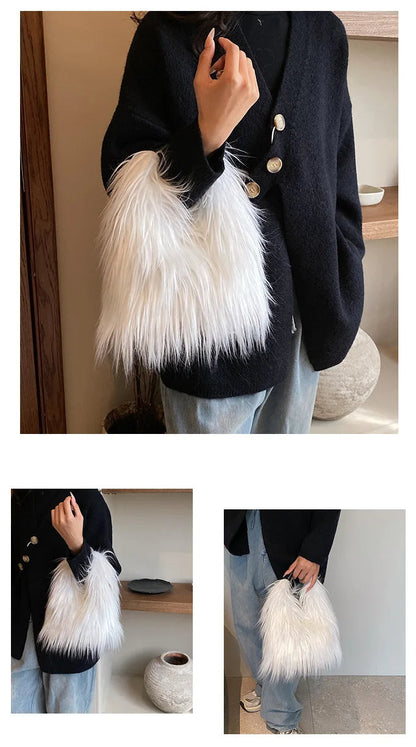 Person holding a fluffy white handbag with a black coat in the background