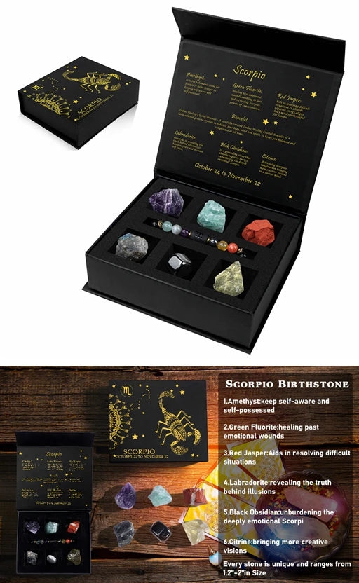 Set of crystals and jewelry with packaging and text about Scorpio birthstone