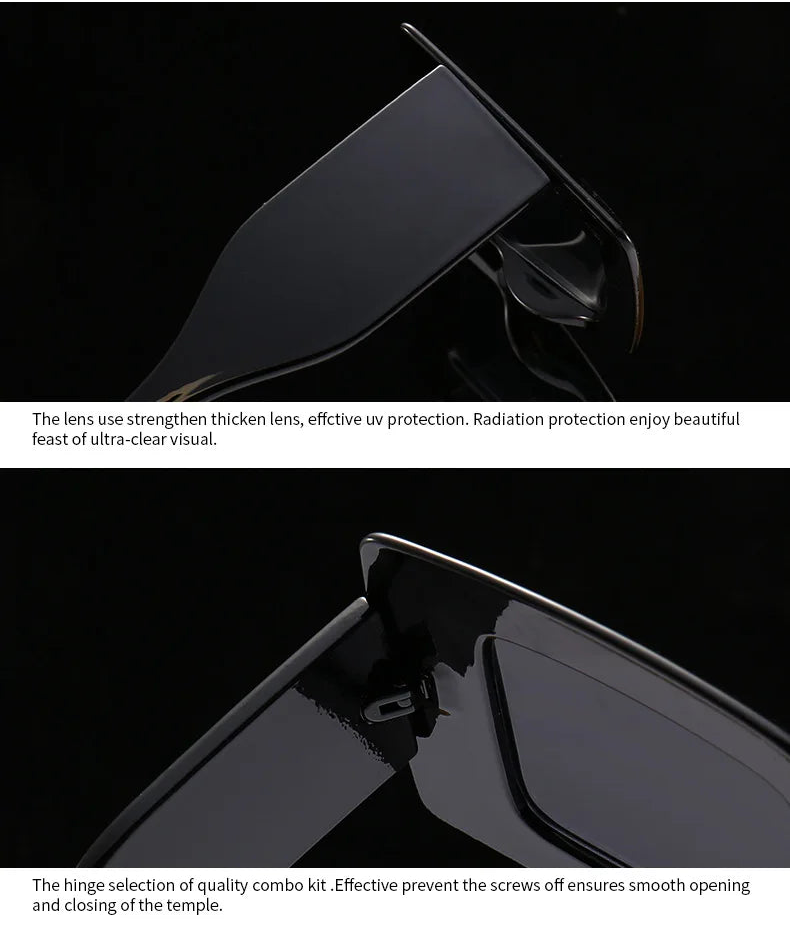 Sunglasses with a focus on lens and hinge quality on a black background