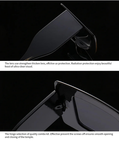 Sunglasses with a focus on lens and hinge quality on a black background