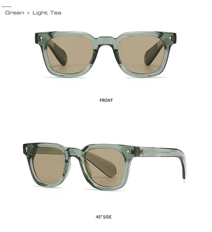 Sunglasses with green and light tea colour scheme on a white background