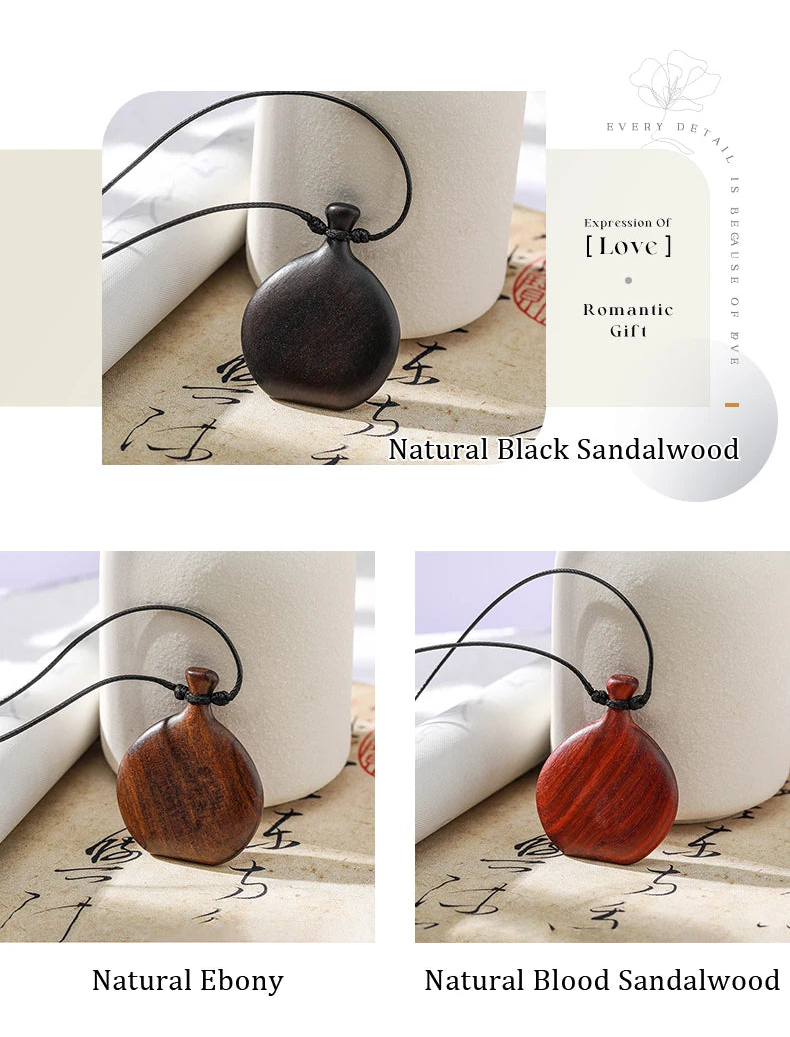 Collage of wooden pendants in different colours with text on a white background.