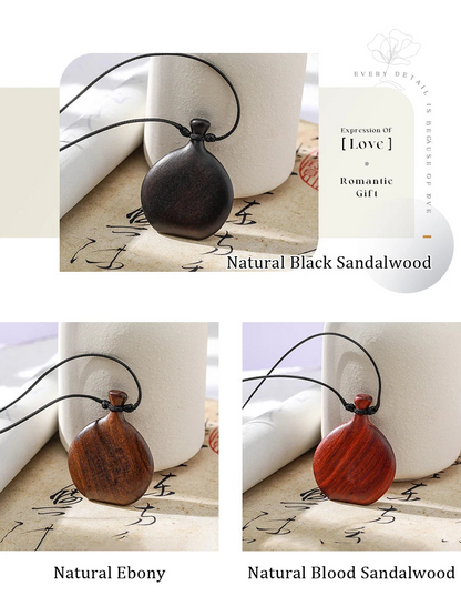 Collage of wooden pendants in different colours with text on a white background.