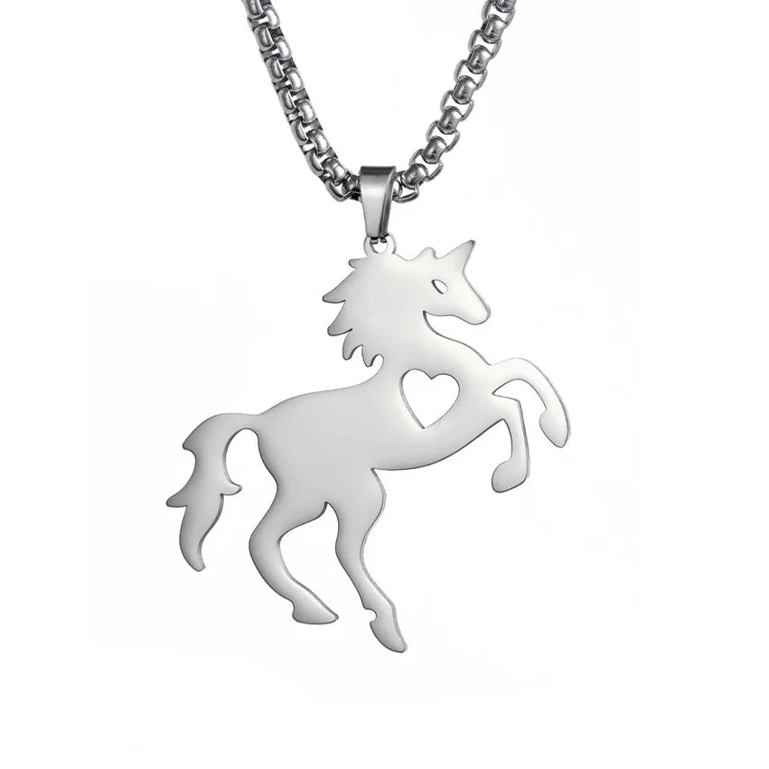 Stainless steel horse pendant necklace with measurements on a white background