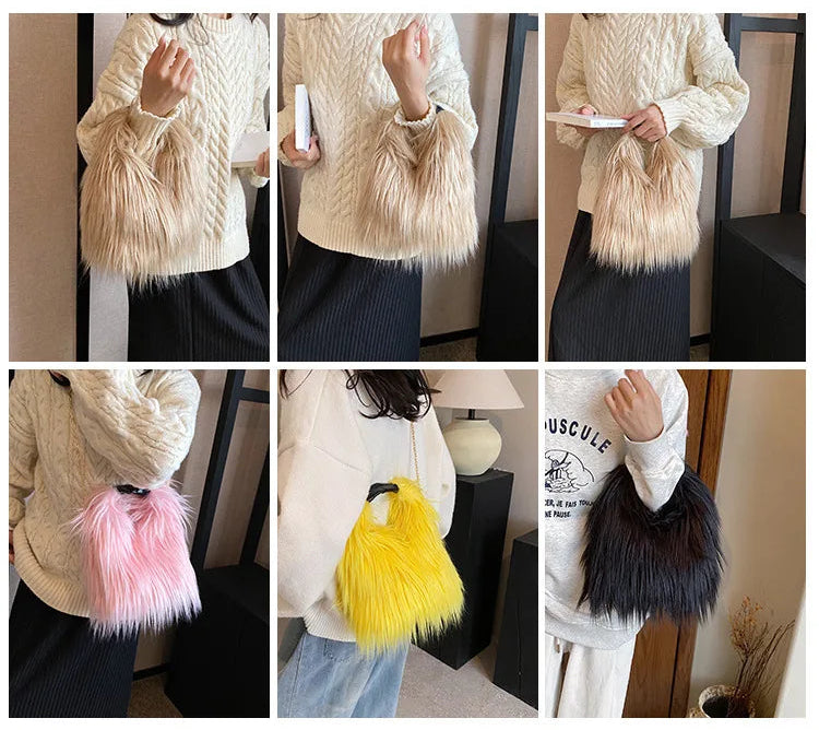 Person wearing a beige sweater and holding different coloured fluffy bags.