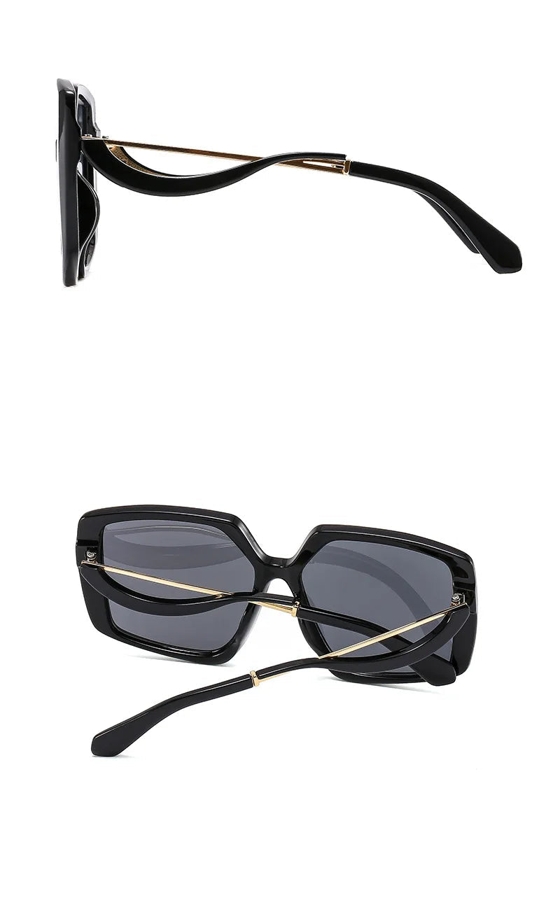 Black square sunglasses with dark grey lenses and thin gold metal bridge and temple accents, shown from side and back angles on a white background.