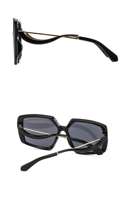 Black square sunglasses with dark grey lenses and thin gold metal bridge and temple accents, shown from side and back angles on a white background.