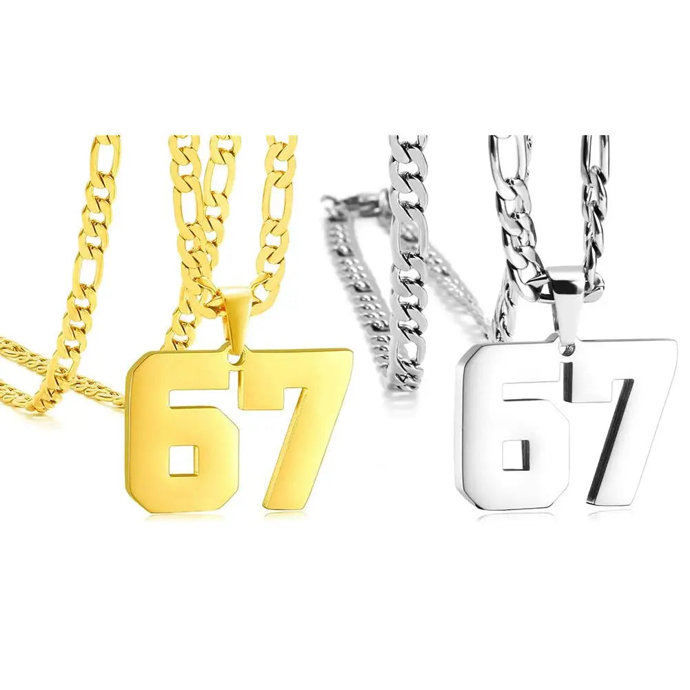 Two necklaces with '67' pendants, one gold and one silver, on a white background.