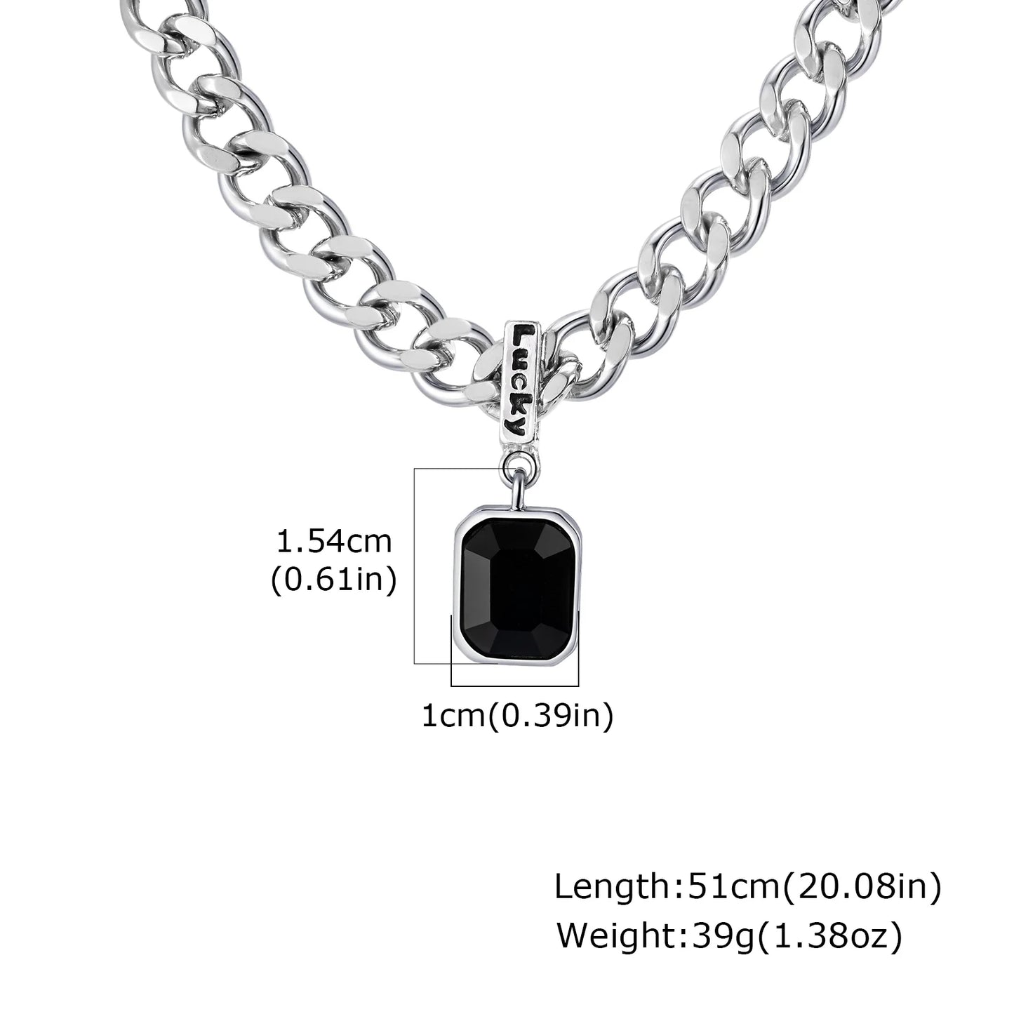 Silver chain necklace with a black pendant on a white background