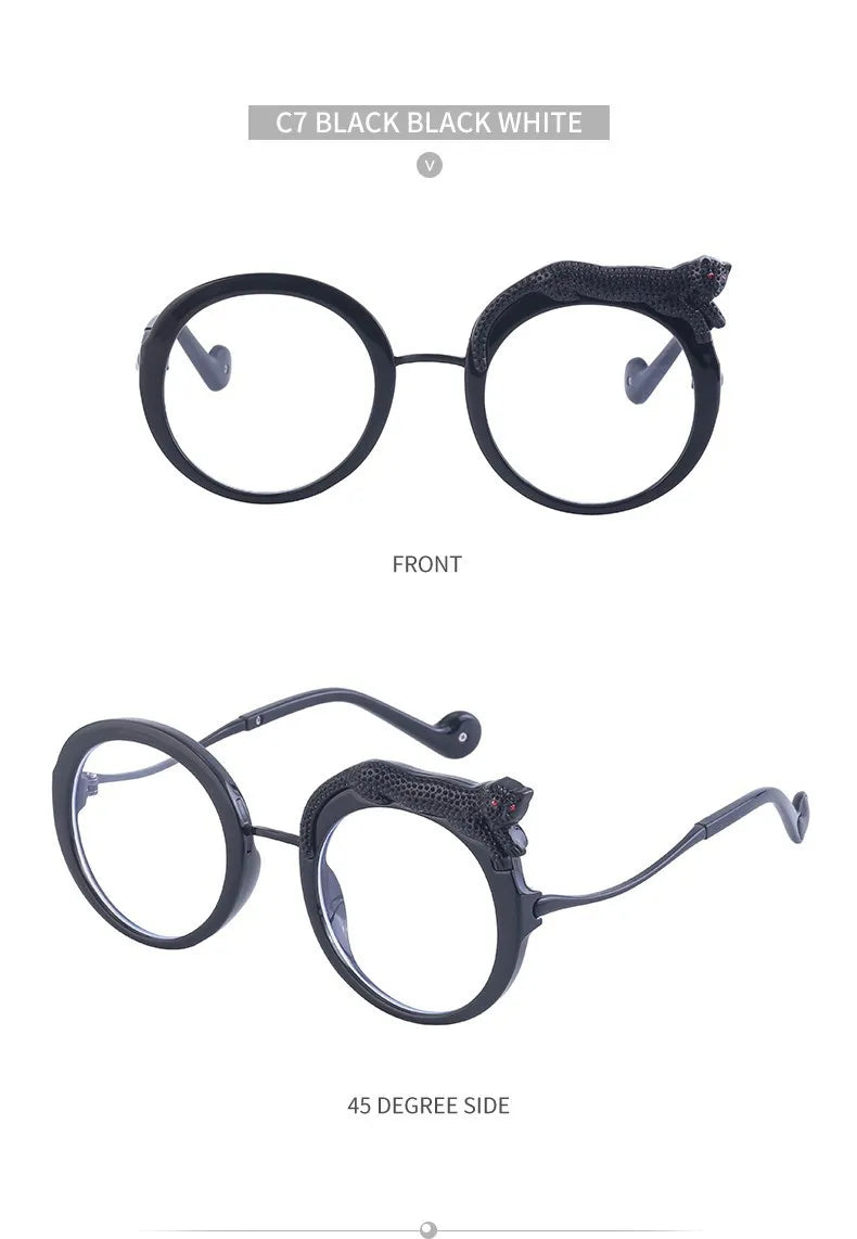 Round eyeglasses with black frame and decorative elements on a white background