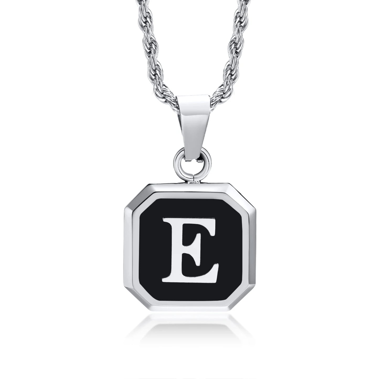 Necklace with a pendant featuring the letter 'E' on a white background