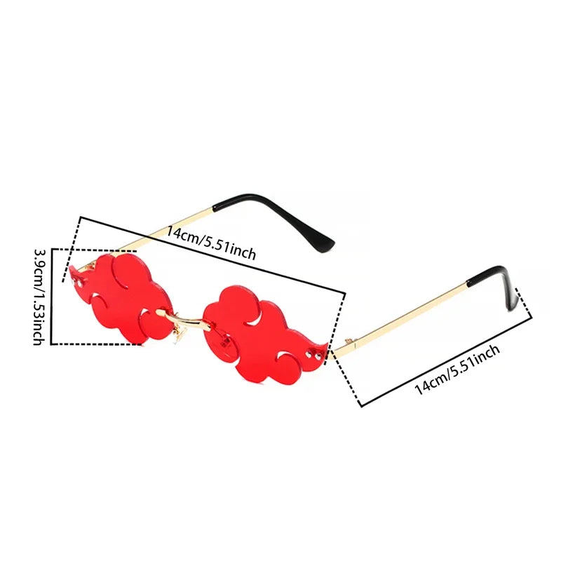 Sunglasses with red cloud-shaped lenses and gold frames, shown with measurements on a white background.