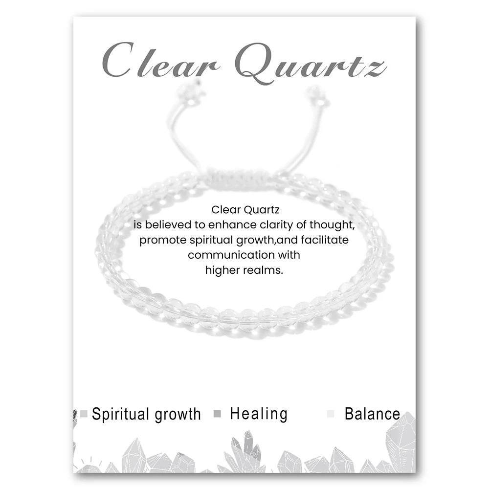 Clear Quartz bracelet on a white card with text about its properties.