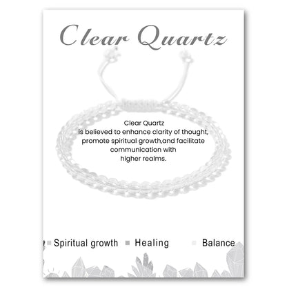 Clear Quartz bracelet on a white card with text about its properties.