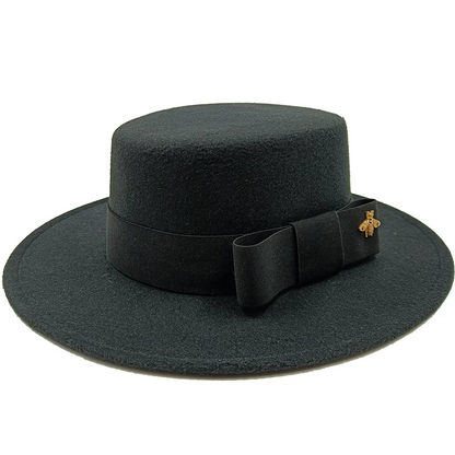 Flat Top Fedora Hat with Bow Tie