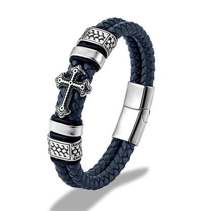 A dark navy blue braided leather bracelet with silver-tone metal accents, including a decorative cross charm, textured spacer beads, and a magnetic clasp, shown on a white background.