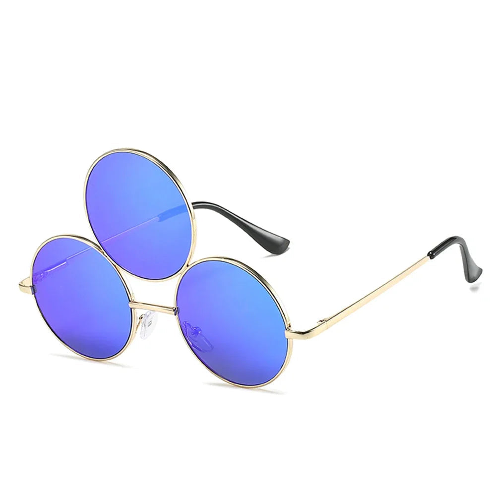 Round sunglasses with blue lenses and gold frames on a white background