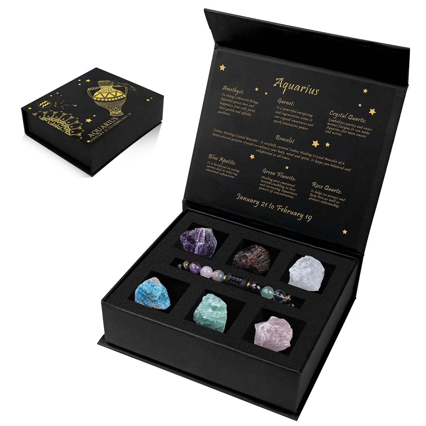 Black box with astrological crystals and information, featuring Aquarius theme.
