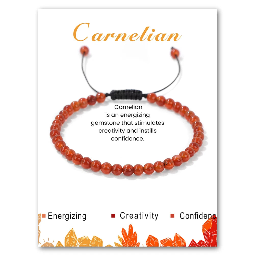 Carnelian bracelet on a white background with text about the stone's properties.